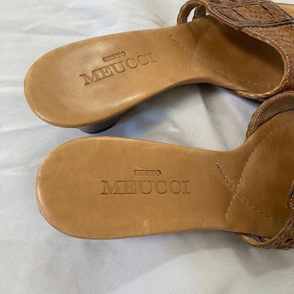 Tan Brown Braided Open Toe 90s Euro Leather Block Wedge Heels Sandals 6.5 - Picture 5 of 8